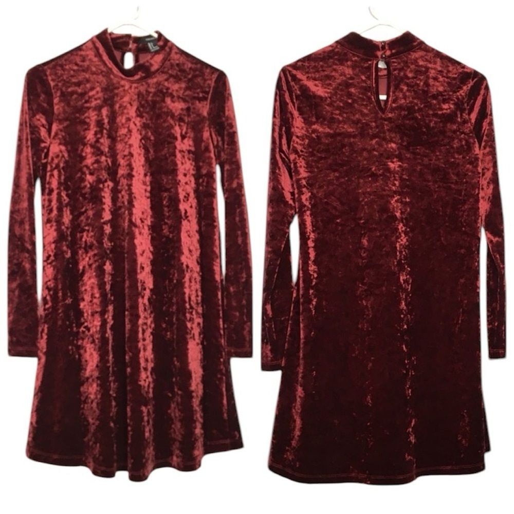 Forever 21 Womens Burgundy Crushed Velvet Mock Neck Mini Dress Small